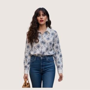 Adiva Blue Floral Embroidery Long Sleeve Cotton Blouse Size Medium